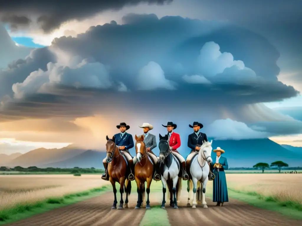 Gauchos expertos y apasionados preparándose para jugar Pato en las vastas pampas argentinas, mostrando la historia del deporte ecuestre en Argentina