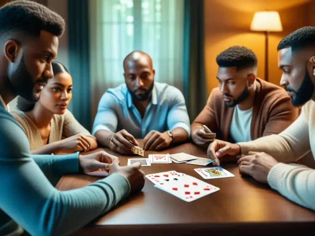 Diversas generaciones unidas en una partida de cartas, reflejando la influencia de juegos de cartas en la conexión social