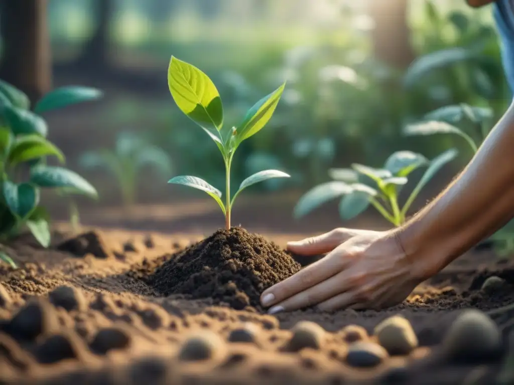 Un gesto cuidadoso de plantar un árbol, mostrando la armonía entre humanos y naturaleza para coleccionistas conscientes del medio ambiente