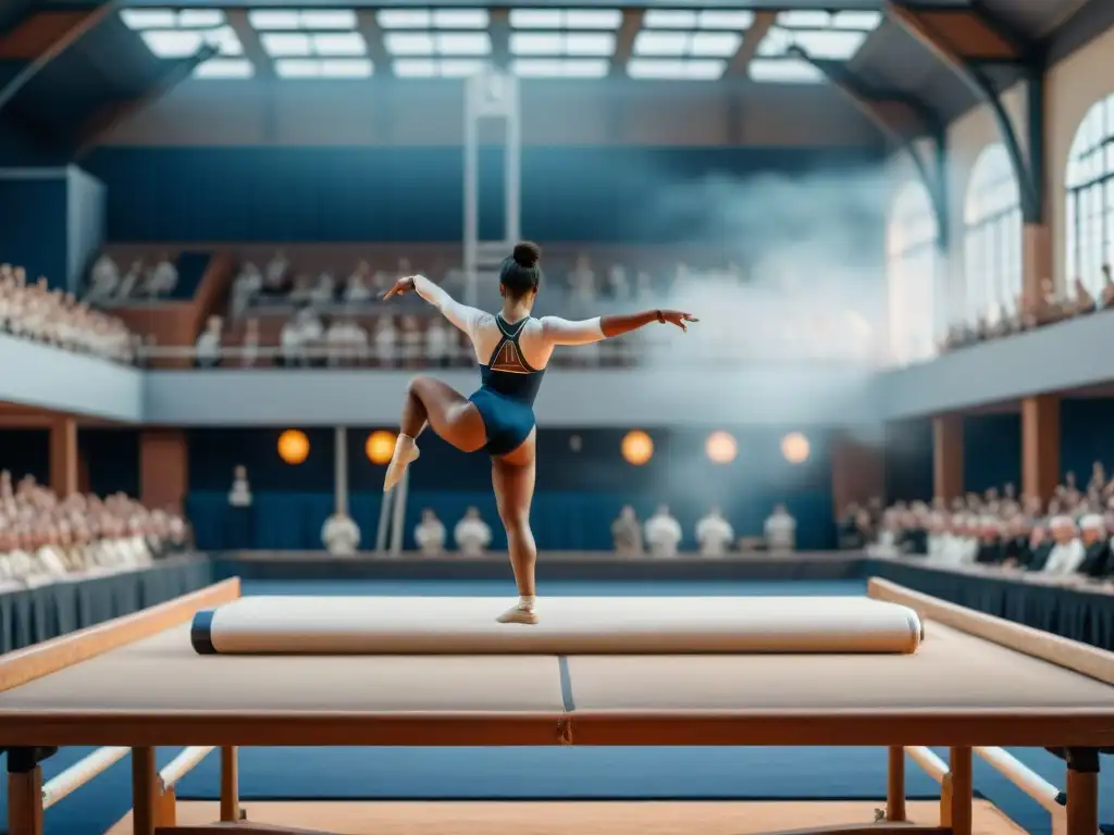 Gimnasia artística histórica con atletas en trajes tradicionales, en un gran gimnasio antiguo del siglo XIX