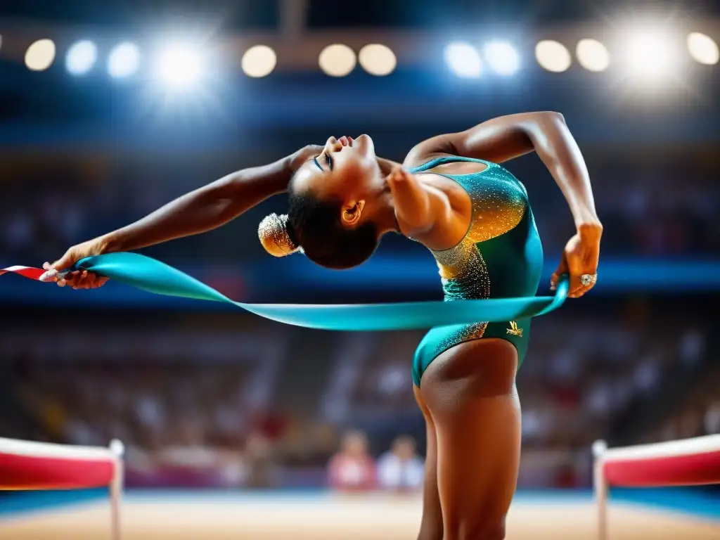 Evolución de la gimnasia rítmica: Detalle de una gimnasta twirling una cinta vibrante, con público difuminado al fondo