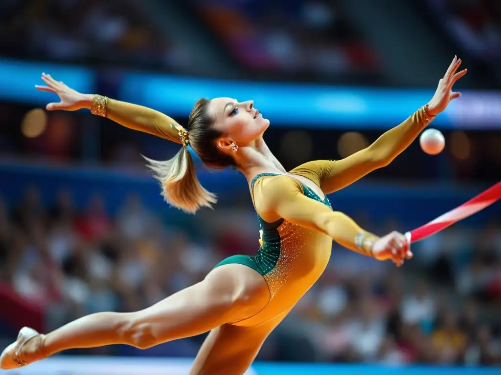 Evolución de la gimnasia rítmica: Momento hipnótico de una gimnasta ejecutando un salto dinámico en el aire, rodeada de cintas coloridas y un público emocionado en el fondo