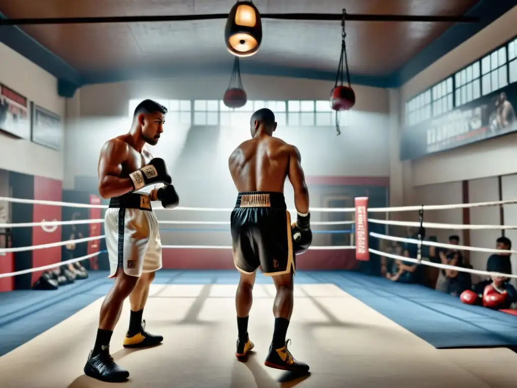 Un gimnasio de boxeo en una ciudad latinoamericana, con boxeadores sudorosos entrenando, bolsas colgando y un entrenador antiguo