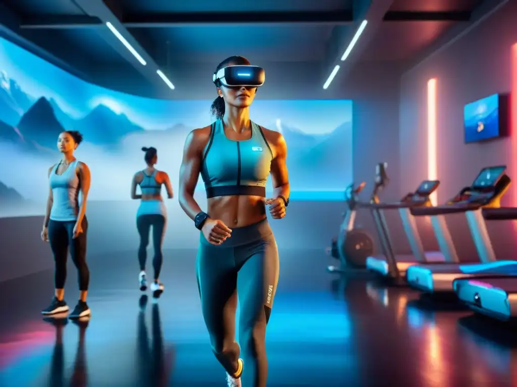 Un gimnasio futurista lleno de tecnología en el fitness: personas con dispositivos inteligentes entrenan en un ambiente high-tech