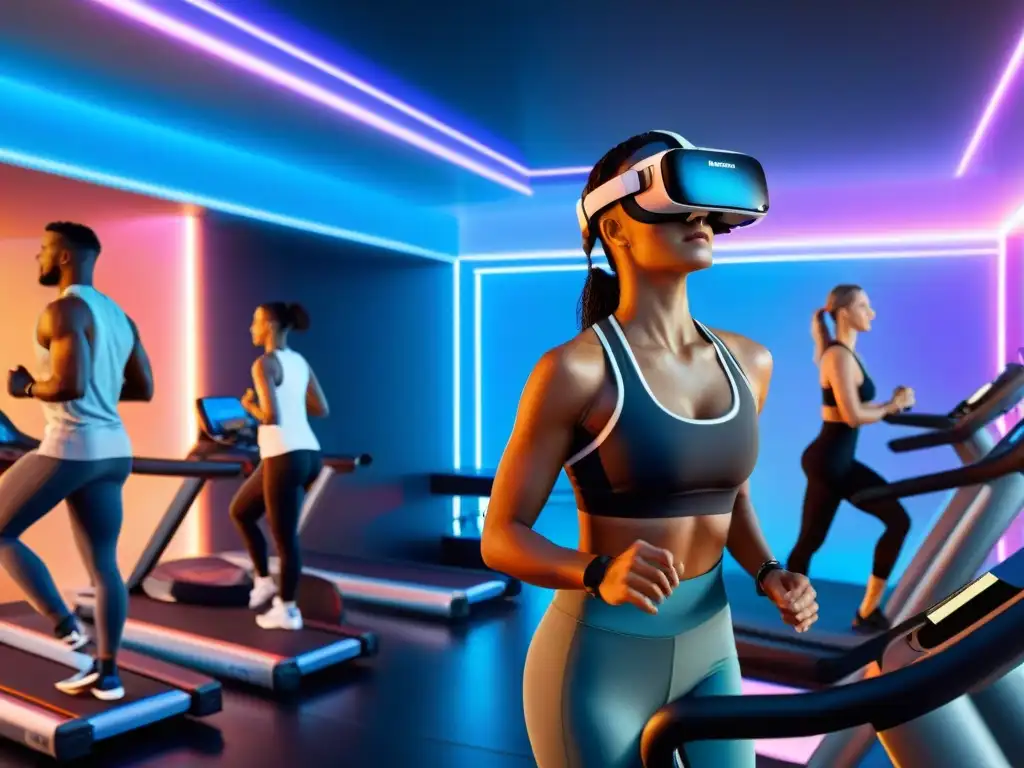 Un gimnasio futurista donde personas diversas practican fitness con realidad virtual, inmersos en experiencias virtuales