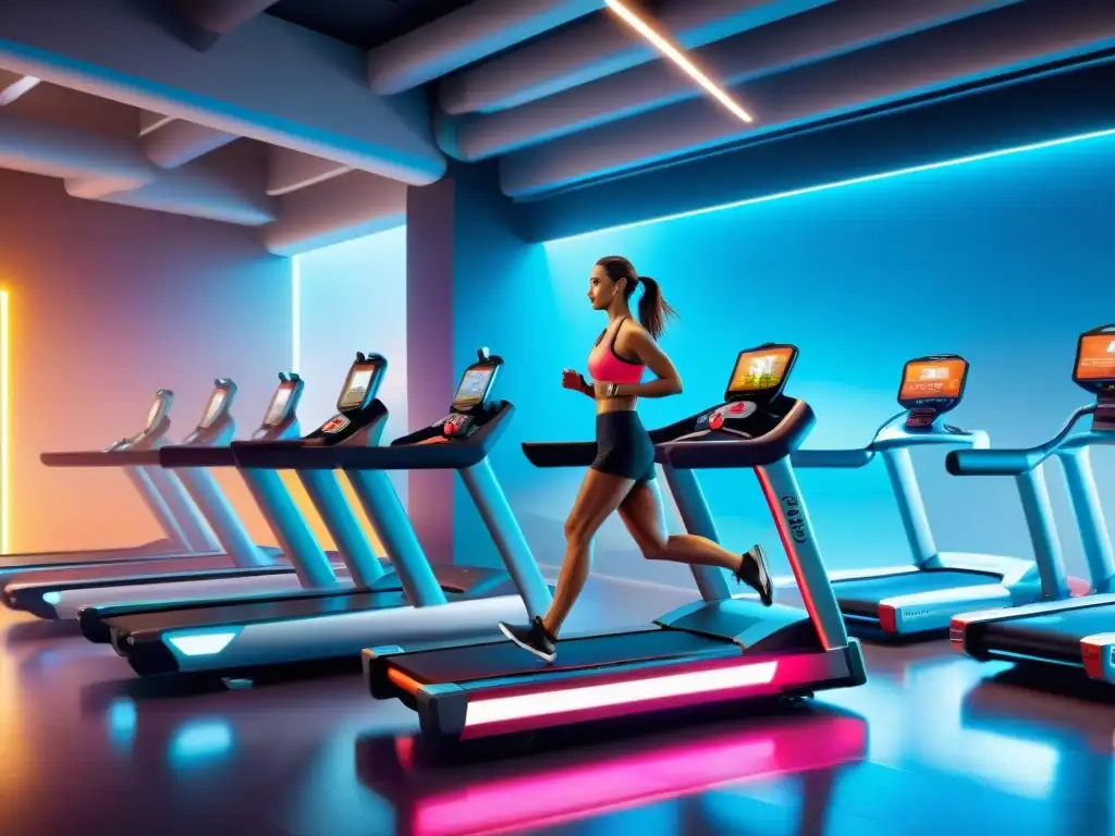 Un gimnasio futurista con tecnología en el fitness: equipos avanzados, luces de neón, diversidad en rutinas de vanguardia