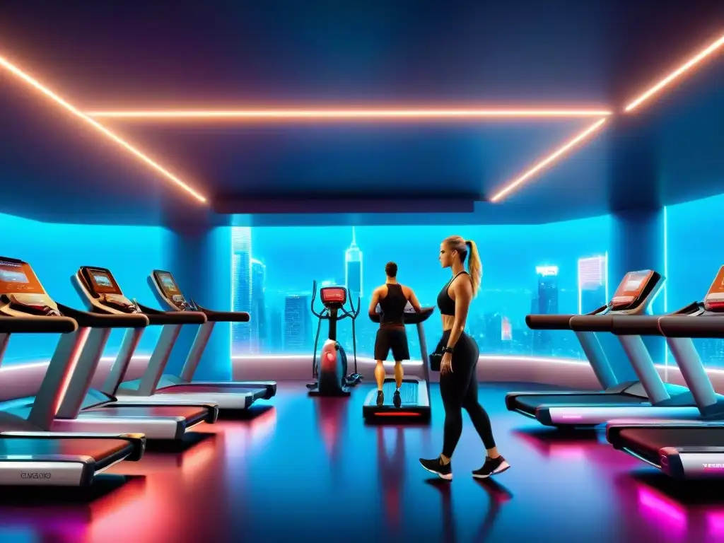 Un gimnasio futurista con tecnología en el fitness: avances, entrenadores AI, pantallas interactivas y neón