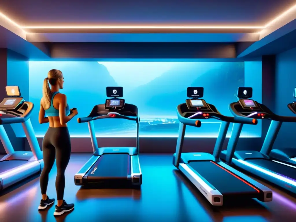 Un gimnasio futurista con tecnología en el fitness: equipos de última generación, iluminación neon y entrenadores virtuales