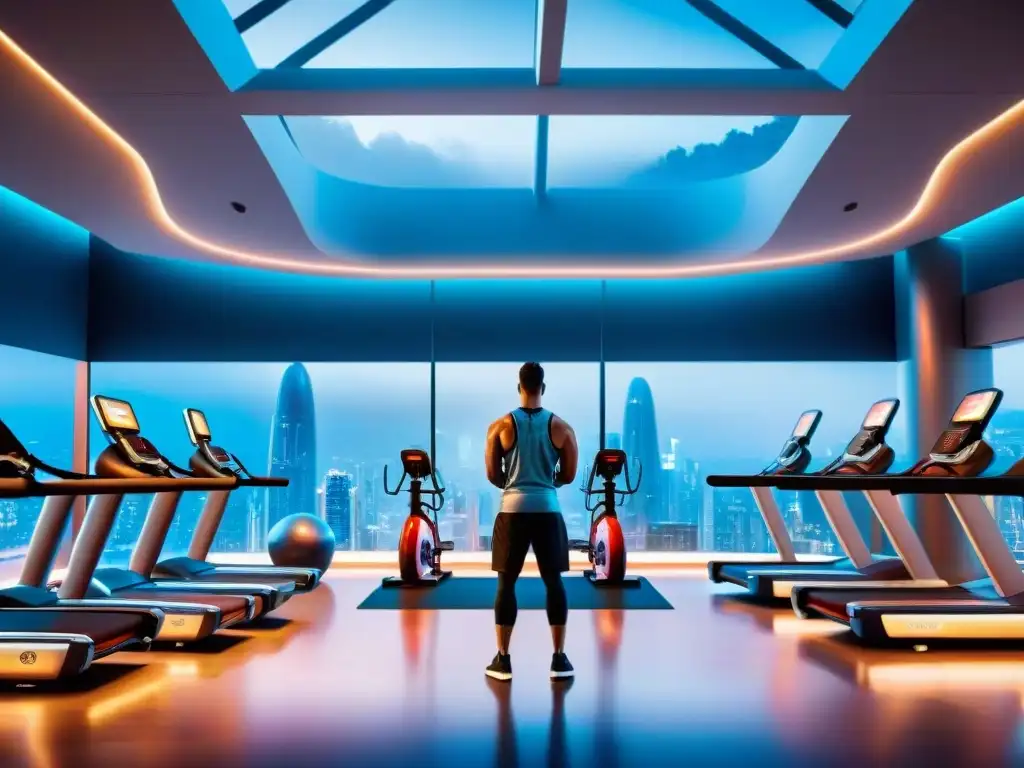 Un gimnasio futurista con tecnología en el fitness: modernos equipos de ejercicio, pantallas interactivas y entrenadores virtuales