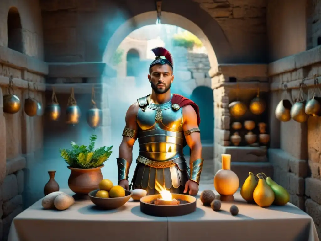 Gladiador romano en ritual misterioso Un gladiador romano en un ritual previo victoria, rodeado de objetos en una cámara oscura