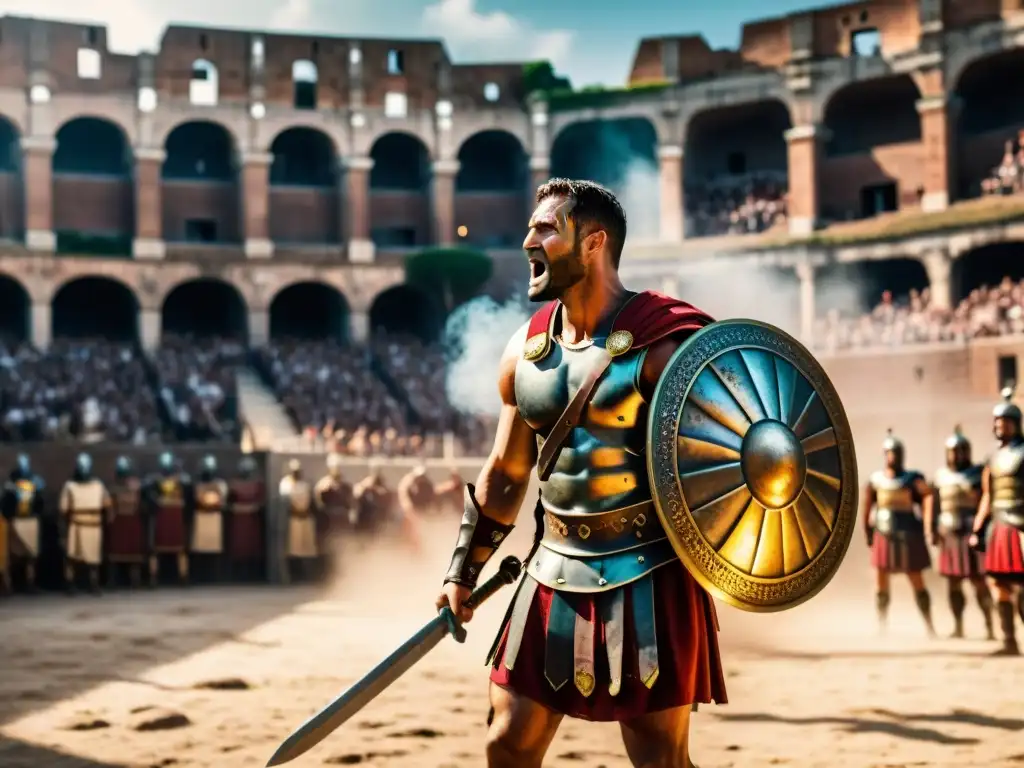 Triunfo de gladiador romano en el Coliseo Un gladiador romano en un ritual de victoria en el Coliseo, rodeado de una multitud animada
