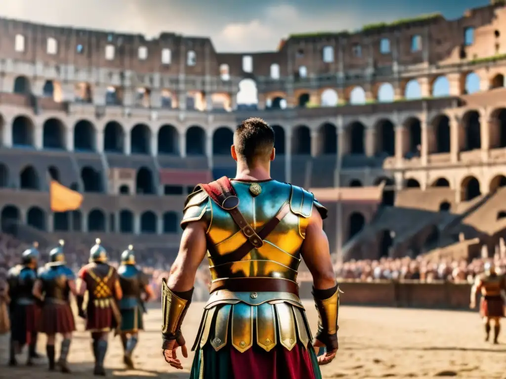 Triunfo épico: Gladiador romano victorioso en el Coliseo al atardecer Un gladiador romano victorioso en el Coliseo al atardecer, con armadura detallada y multitud emocionada