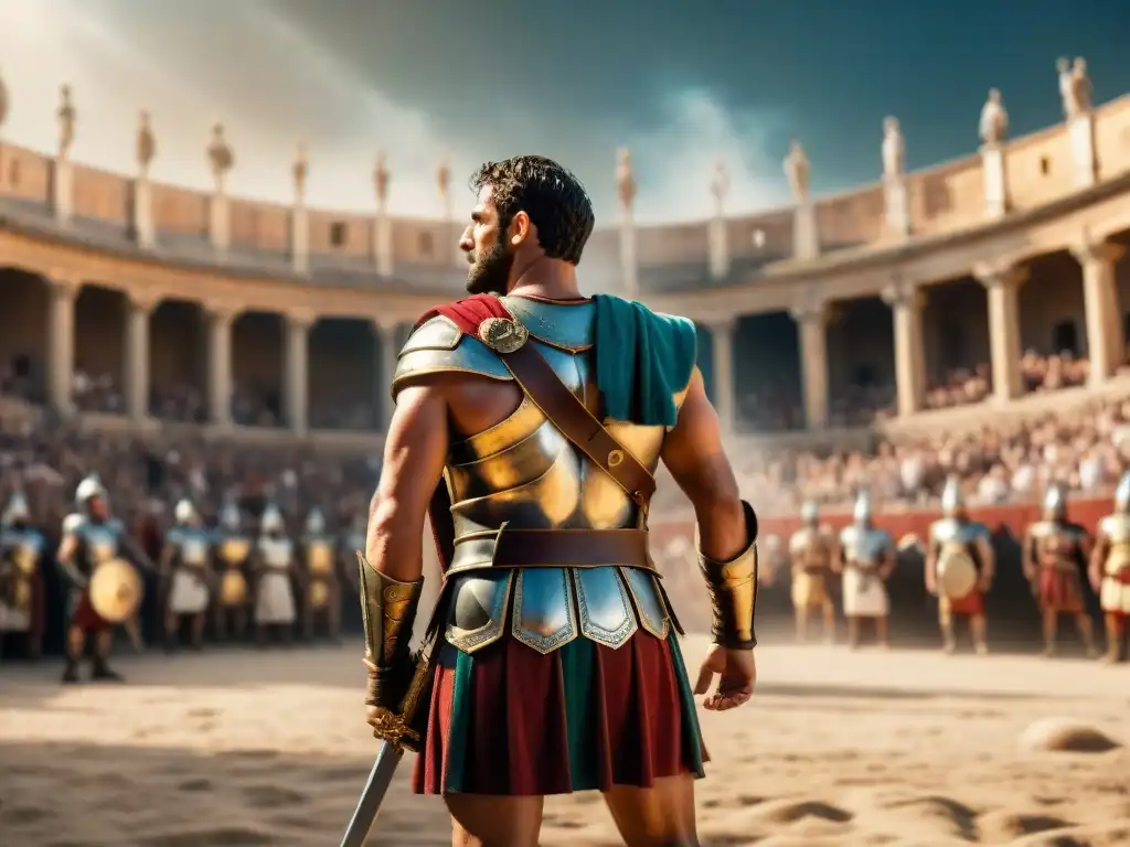 Triunfo épico de un gladiador romano en la arena Un gladiador romano victorioso en el coliseo, su armadura brillante bajo el sol, levantando su espada en triunfo