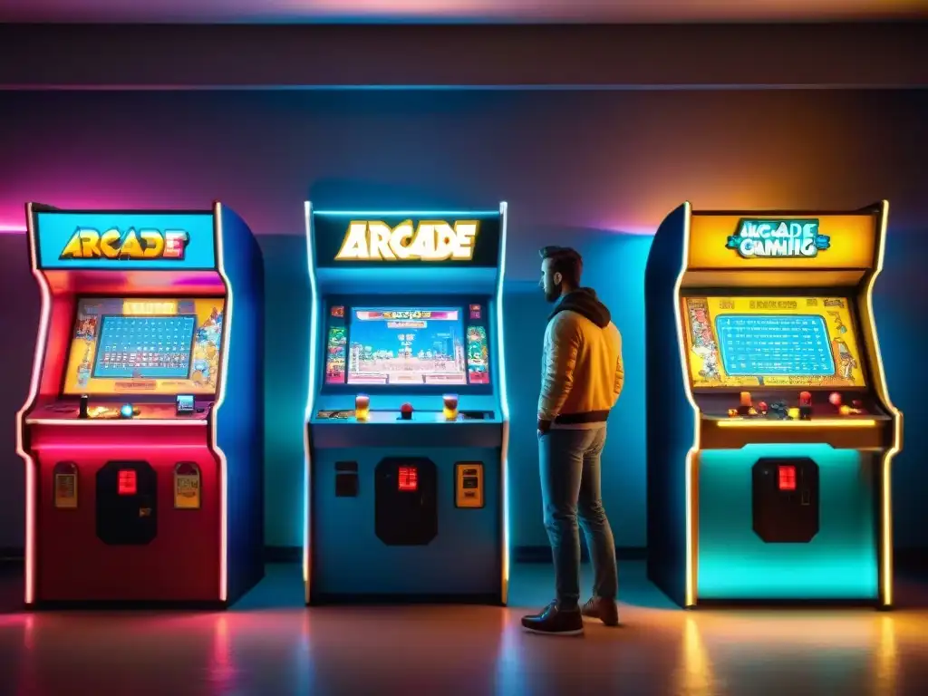 Grupo absorto en juego vintage en arcade de los 80 con 'Plataformas de juego alternativas históricas'