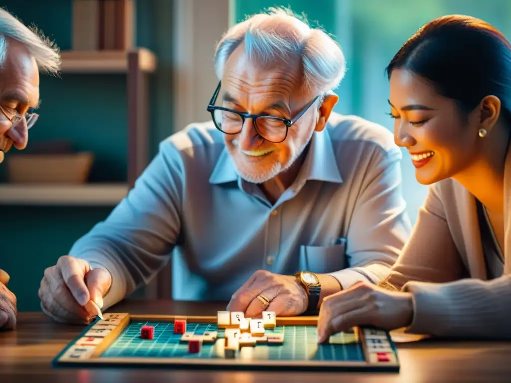 Grupo de adultos mayores disfrutando de un animado juego de Scrabble, fomentando la agilidad mental en adultos mayores