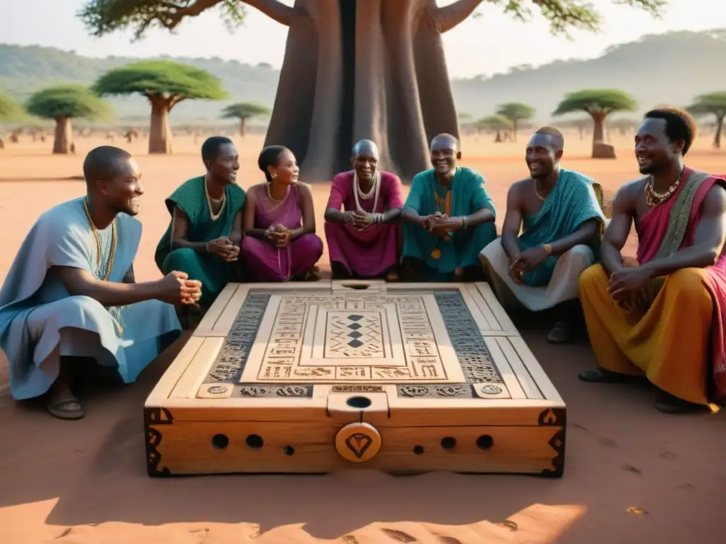 Un grupo de aldeanos africanos juega un juego tradicional bajo un baobab al atardecer, mostrando conexión espiritual y ritual