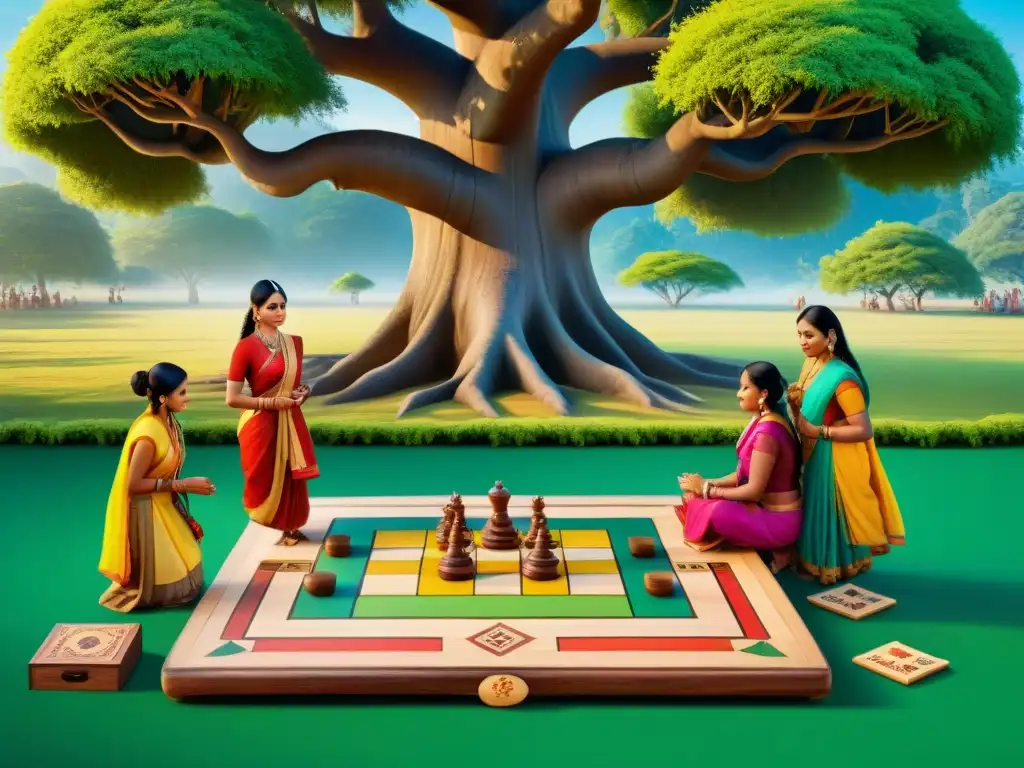 Grupo de aldeanos en India, concentrados en el juego de Pachisi bajo un árbol banyan, representando los juegos de mesa antiguos India