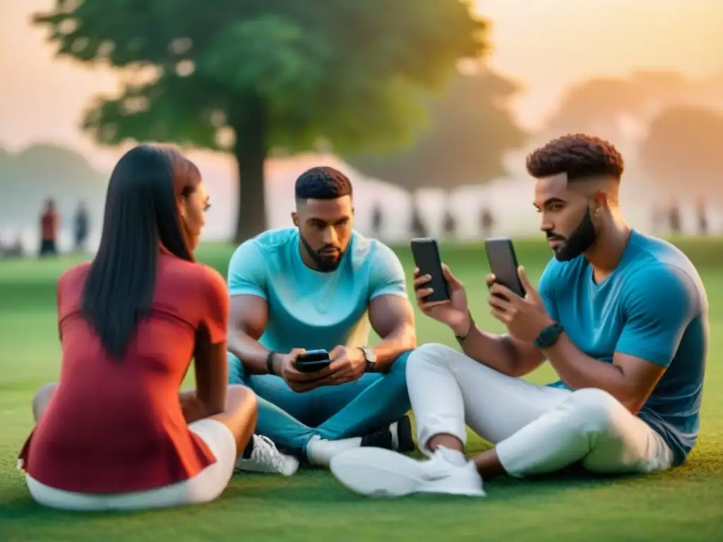 Grupo de amigos absortos en sus móviles en parque al atardecer, mostrando el impacto de los juegos móviles en relaciones personales