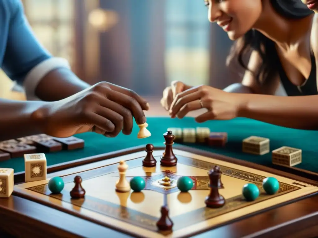 Un grupo de amigos concentrados y emocionados jugando un detallado juego de mesa antiguo con piezas elaboradas