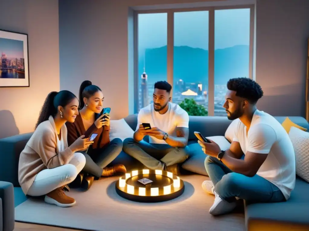 Grupo de amigos concentrados en sus móviles en una sala acogedora, reflejando el impacto de los juegos móviles en las relaciones personales