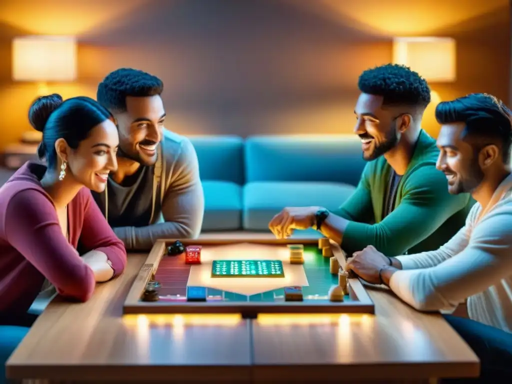 Grupo de amigos disfrutando de la digitalización de juegos de mesa, envueltos en emoción y diversión