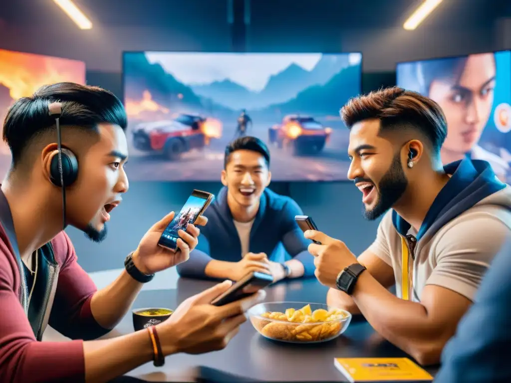 Grupo de amigos juega Garena Free Fire con emoción y competencia, rodeados de snacks y bebidas energéticas