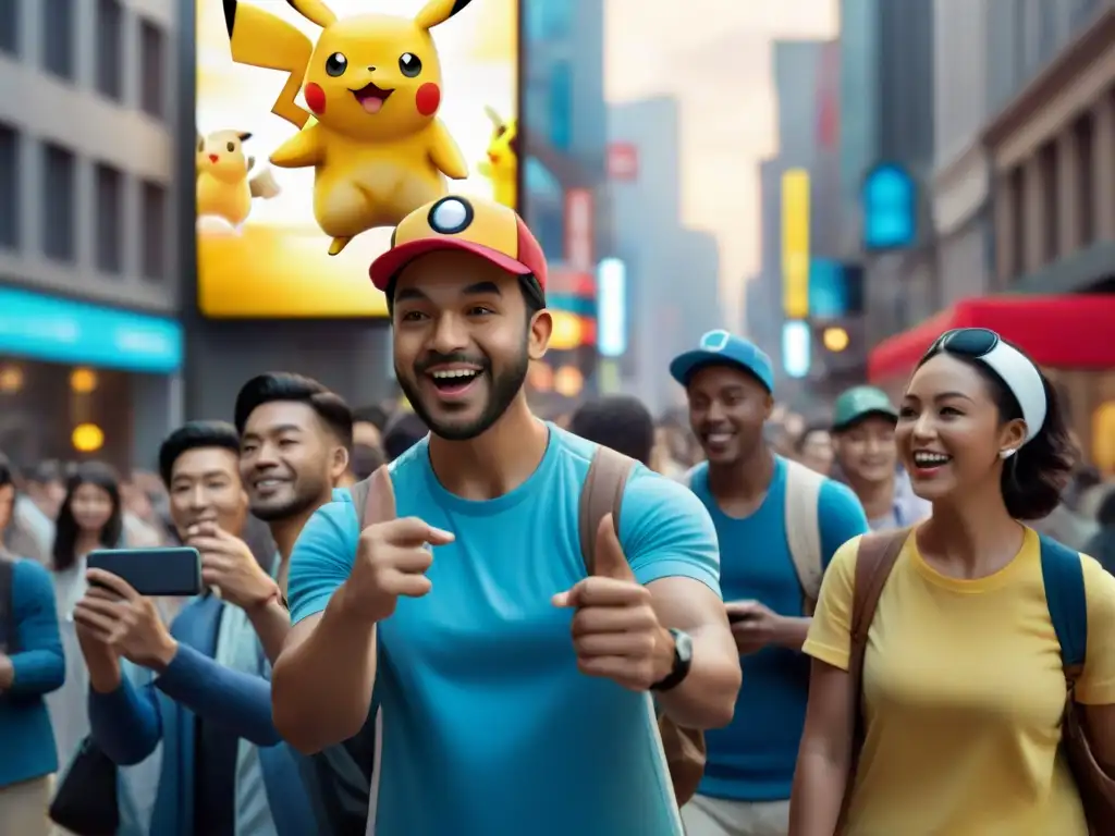 Un grupo de amigos emocionados jugando Pokémon GO en una bulliciosa calle de la ciudad