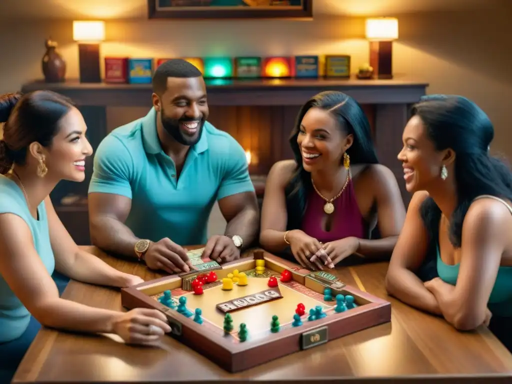 Un grupo de amigos diversos redescubriendo juegos de mesa olvidados en una mesa vintage llena de tesoros, creando una atmósfera de emoción y nostalgia