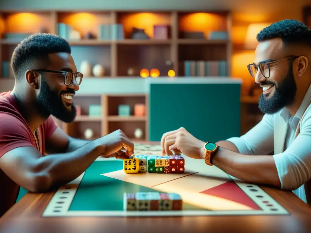 Grupo de amigos disfrutando de juegos de mesa para sociabilizar en ambiente cálido y acogedor