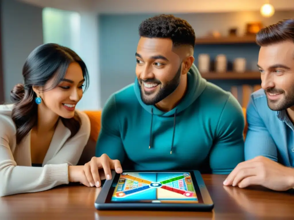 Un grupo de amigos disfrutando de Juegos de tablero en digital, concentrados y felices en una sala acogedora