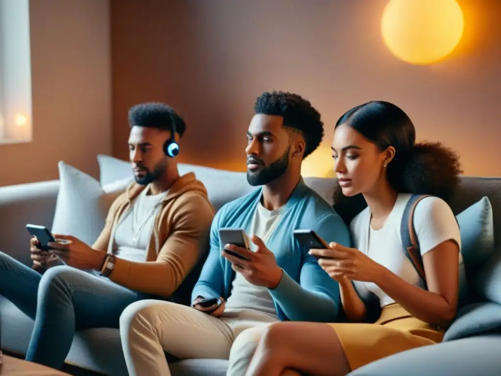 Grupo de amigos en sala acogedora, concentrados en juegos móviles, reflejando el impacto en relaciones personales