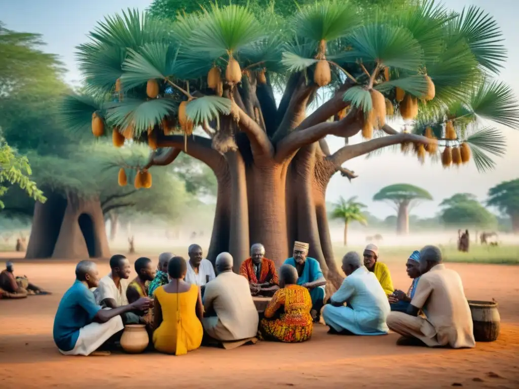 Grupo de ancianos africanos enseñando arte ancestral de palma bajo baobab, niños observan con curiosidad