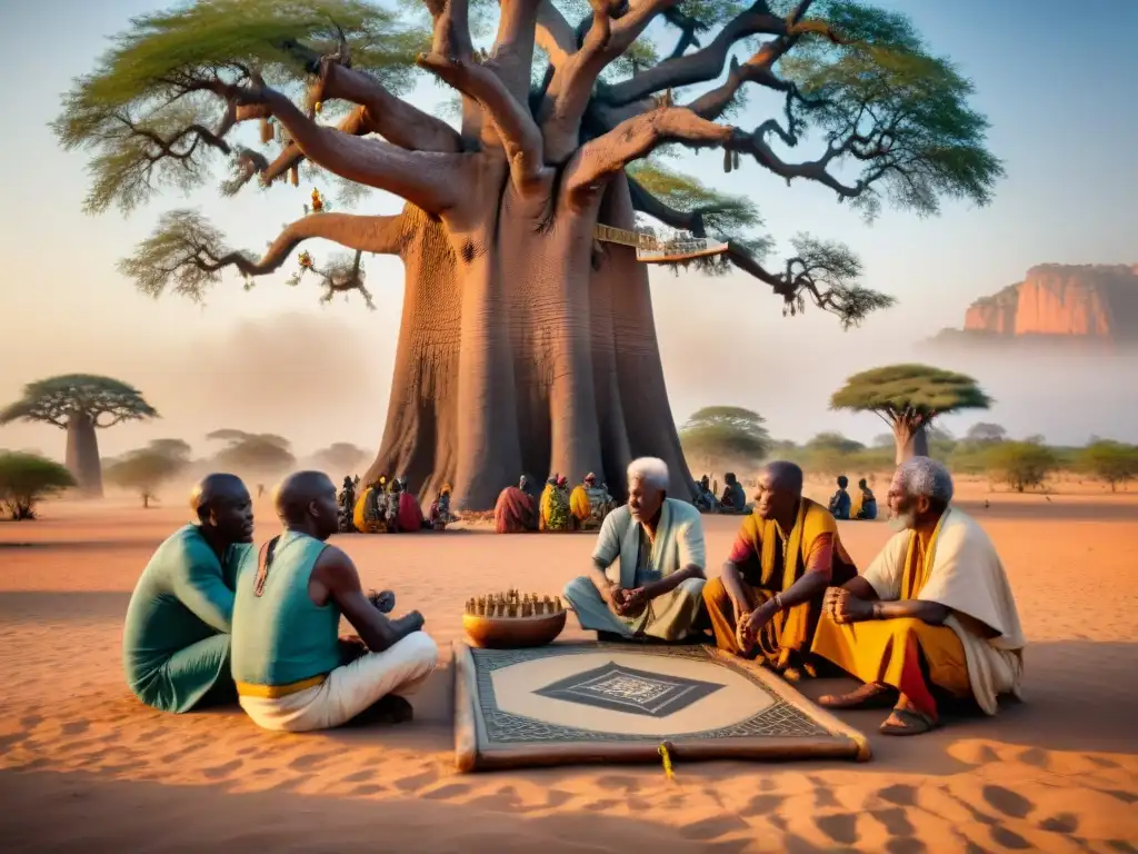 Un grupo de ancianos africanos juega bajo un baobab sagrado, con juegos tradicionales africanos, en un ambiente espiritual y místico al atardecer