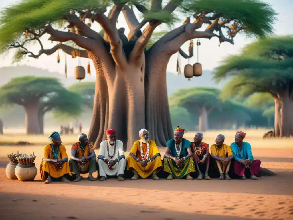 Un grupo de ancianos africanos bajo un baobab, recordando juegos deportes africanos tradicionales pese a la colonización