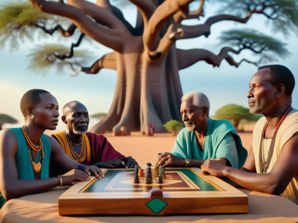 Grupo de ancianos africanos concentrados en un juego de mesa bajo un baobab, reflejando la Importancia de los sueños en juegos africanos