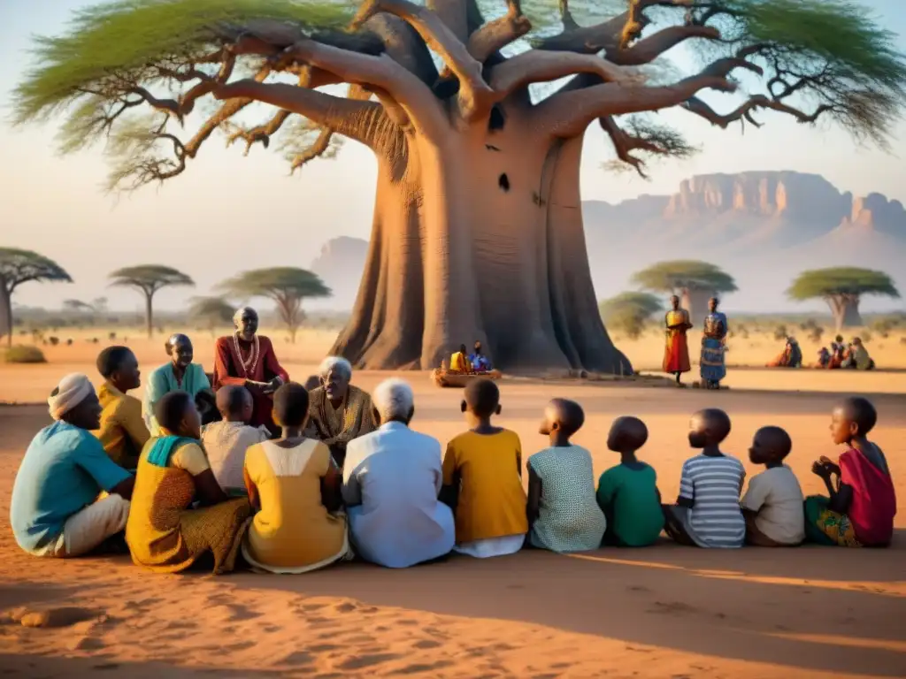 Un grupo de ancianos africanos comparte historias sobre juegos ancestrales a niños bajo un baobab al atardecer