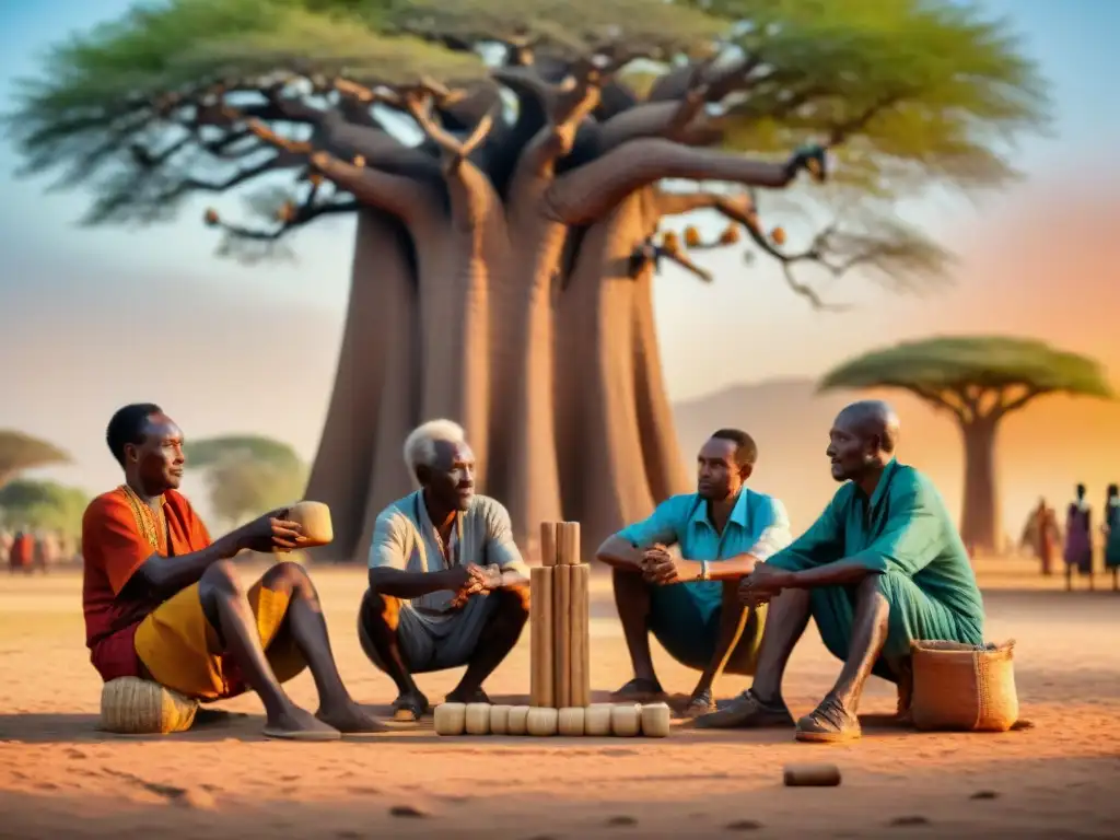 Un grupo de ancianos africanos juega un juego tradicional bajo un Baobab al atardecer