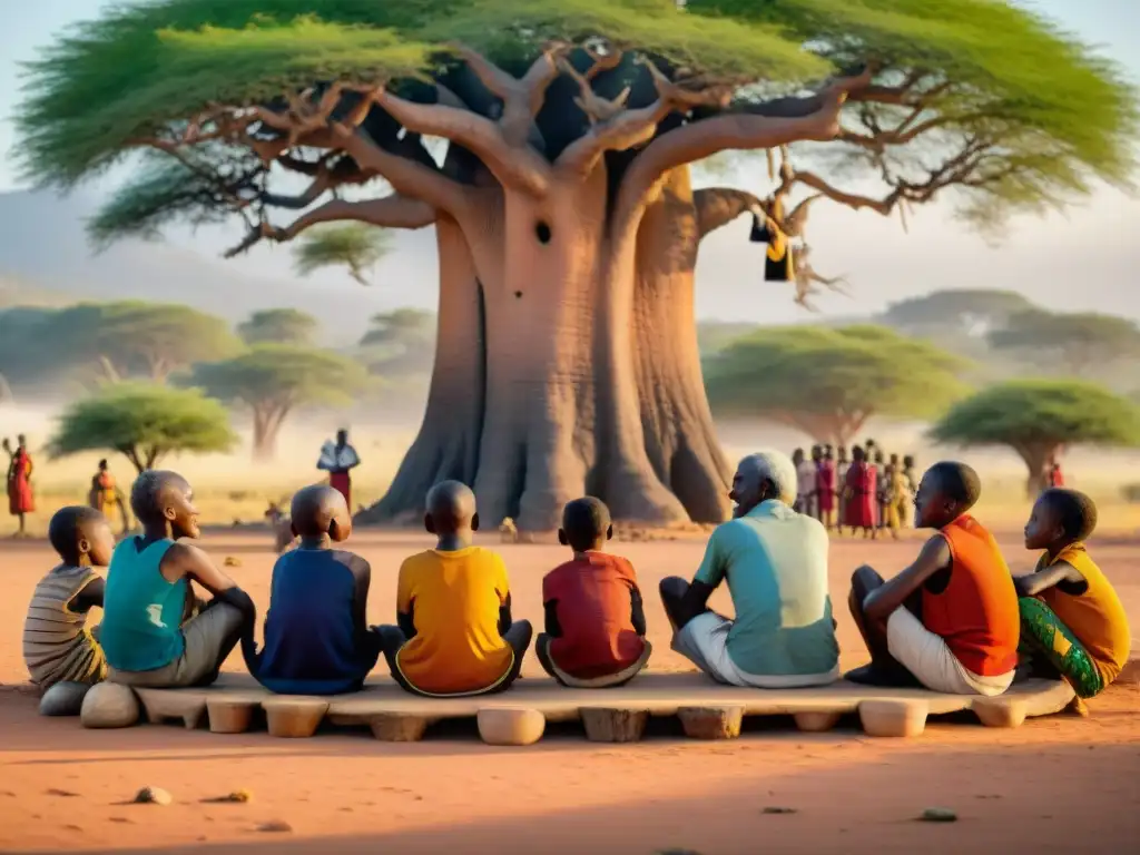 Grupo de ancianos africanos enseñando juegos deportivos tradicionales a niños bajo un baobab al atardecer