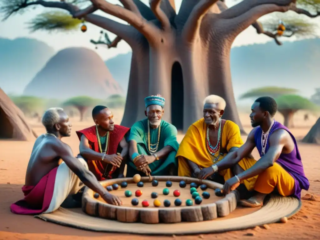 Un grupo de ancianos africanos juega mancala bajo un baobab, resaltando la resistencia de los Juegos deportes africanos tradicionales colonización