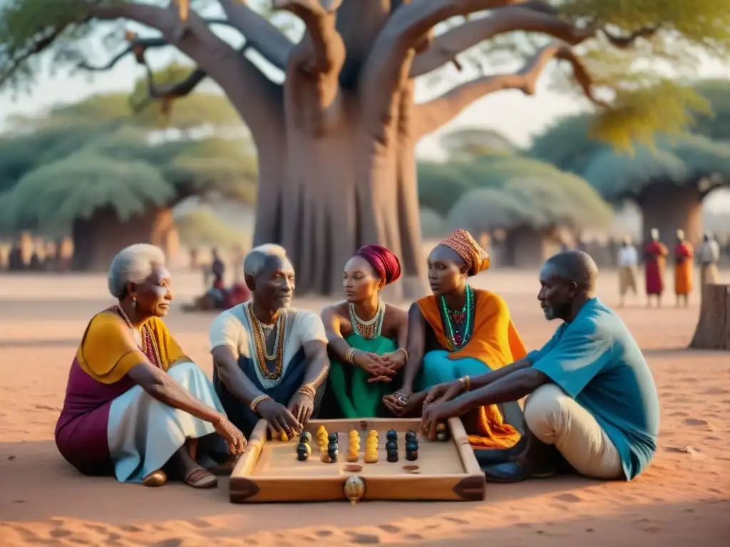 Grupo de ancianos africanos juegan mancala bajo un baobab al atardecer, reviviendo juegos tradicionales africanos