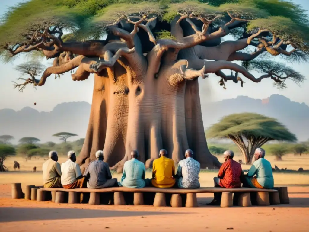 Un grupo de ancianos africanos juega mancala bajo un baobab centenario, en un paisaje de sabana con elefantes