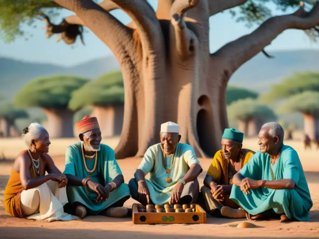 Un grupo de ancianos africanos juega mancala bajo un baobab, resaltando la tradición y los juegos estratégicos africanos para el desarrollo cognitivo