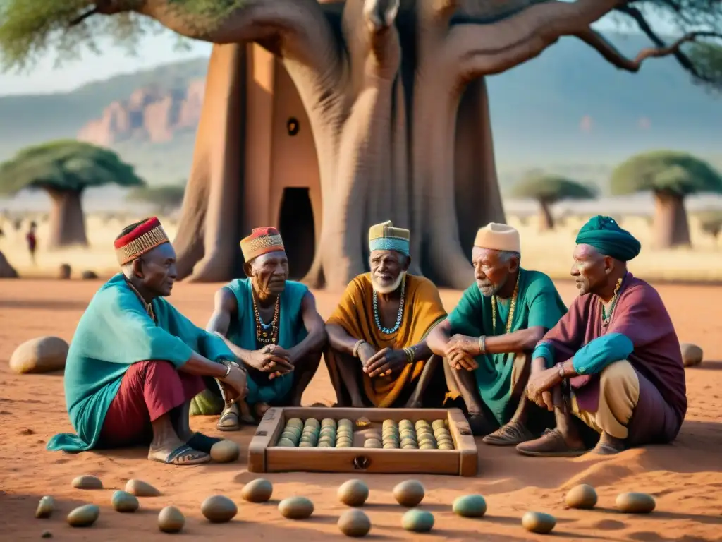 Un grupo de ancianos africanos juega Mancala bajo un Baobab, mostrando la conexión cultural