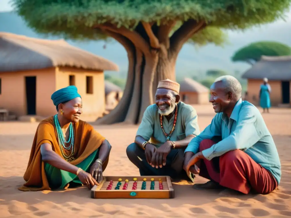 Un grupo de ancianos africanos juega Mancala bajo un árbol en la plaza del pueblo
