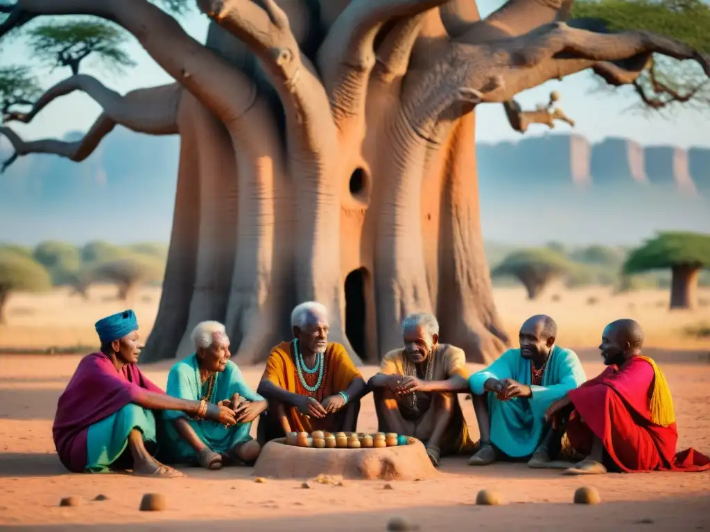 Un grupo de ancianos africanos juegan Mancala bajo un Baobab