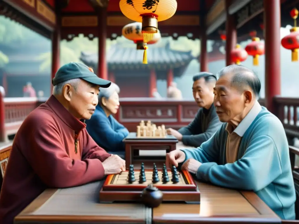 Un grupo de ancianos juega ajedrez chino en una bulliciosa casa de té en Beijing, reflejando la evolución de los juegos tradicionales en Asia