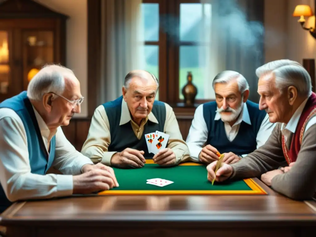 Un grupo de ancianos alemanes concentrados jugando Skat en una mesa de madera, rodeados de decoraciones tradicionales