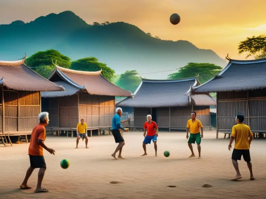 Un grupo de ancianos y ancianas juegan Takraw al atardecer en una plaza de pueblo en Asia, mostrando la historia del Takraw en Asia