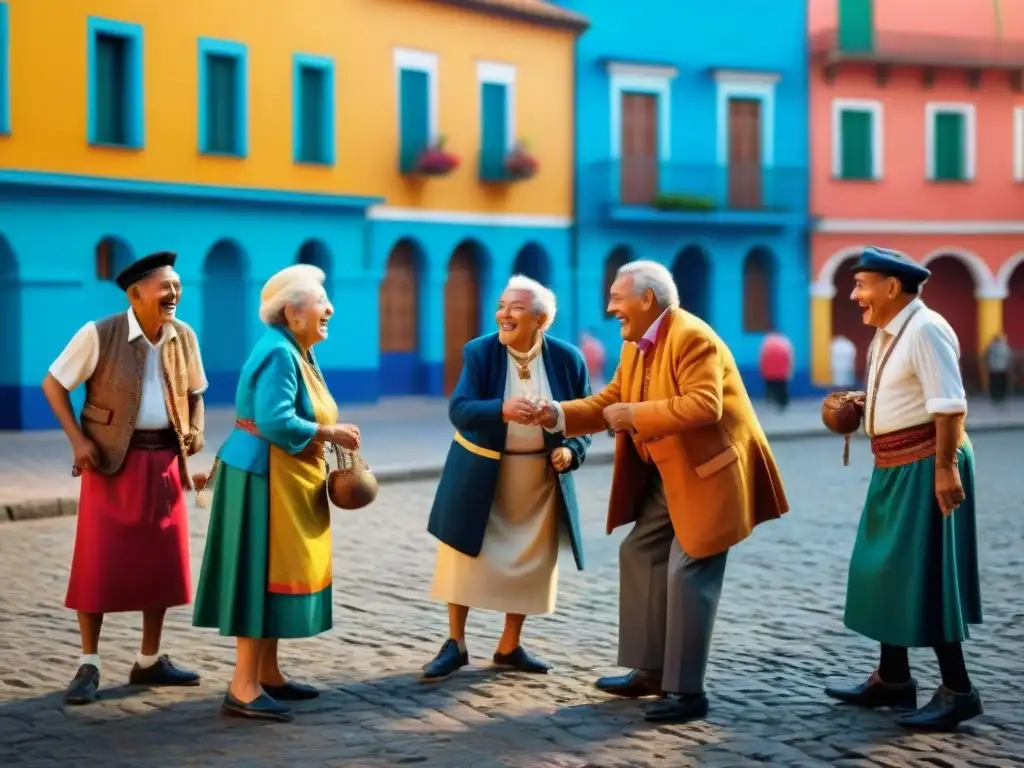 Grupo de ancianos y ancianas en trajes tradicionales jugando bolos en la plaza, reflejando la historia del juego de bolos