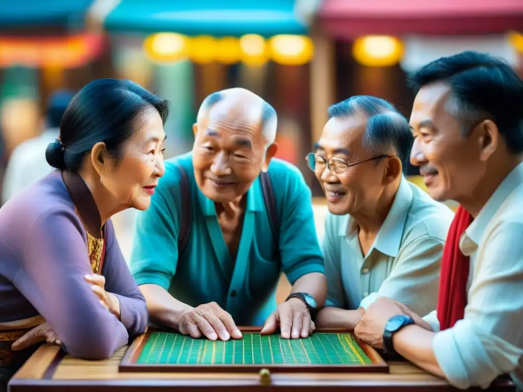 Un grupo de ancianos disfruta de un animado juego de palabras asiáticas tradicionales en un bullicioso mercado asiático